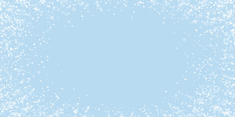Magic falling snow christmas background. Subtle flying snow flakes and stars on light blue winter backdrop. Magic falling snow holiday scenery. Wide vector illustration.