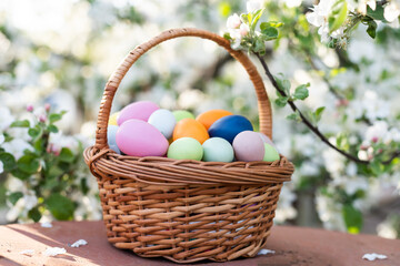 Naklejka premium painted Easter eggs in basket on grass. Traditional decoration in sun light