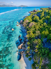 Aerial panoramic view of Beach Anse Source d'Argent, La Digue, Seychellen in morning light