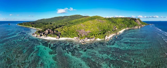 Papier Peint photo autocollant Anse Source D'Agent, île de La Digue, Seychelles Vue panoramique aérienne de la plage Anse Source d& 39 Argent, La Digue, Seychelles