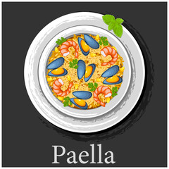 Paella with seafood. Traditional Spanish dish paella with shrimp. Latin American cuisine.