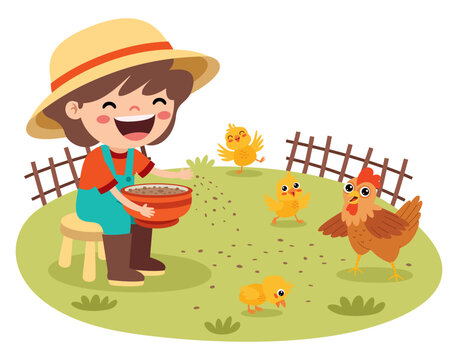 Cartoon Kid Feeding Chicken And Chicks