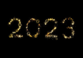 2023 Happy New Year firework text on a plain black background