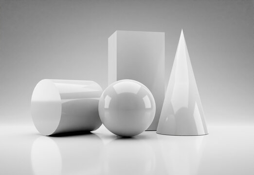 Gray geometric shapes ball, cylinder, prism, parallelepiped on a grey background. 3D rendering