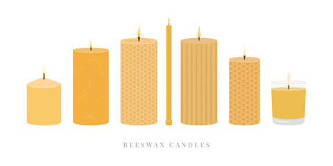 Set of scented burning candles. Beeswax candles in jar, pillar.  Home decorative natural candles. Aroma candles collection. Zero waste eco gifts. Hand draw vector illustration isolated on white