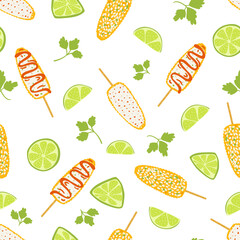 Seamless pattern with elote dish. Traditional Mexican food, folk cuisine. Vector background with grilled corn