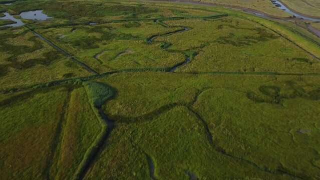High Aerial Drone Shot Flying Over Green Salt Marsh in North Norfolk UK