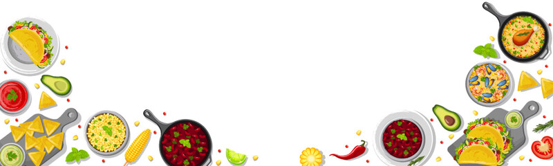 A combination of traditional Mexican dishes on the table, top view.