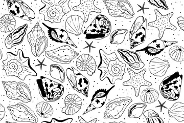 Black and white seamless pattern with seashells. Vector graphics.