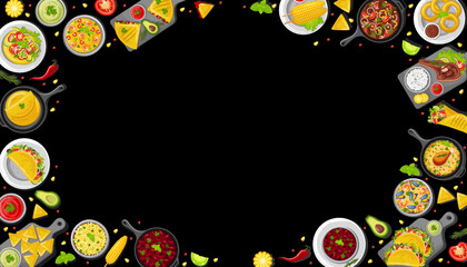 A combination of traditional Mexican dishes on the table, top view.