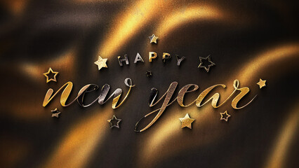 Happy New Year greetings with golden effect. Shiny celebration text on gold for background, graphic design, banner, illustration. 3D rendering © sdecoret