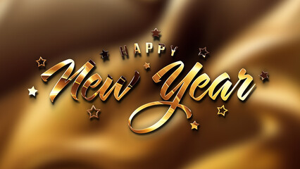 Happy New Year greetings with golden effect. Shiny celebration text on gold for background, graphic design, banner, illustration. 3D rendering