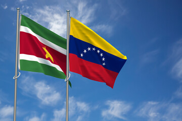 Republic of Suriname and Bolivarian Republic of Venezuela Flags Over Blue Sky Background. 3D Illustration