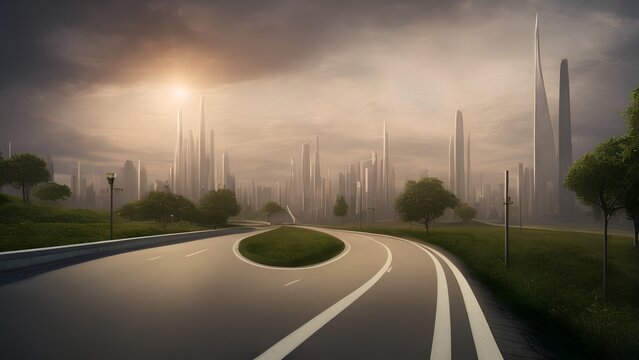 Generative AI,empty road amidst buildings against cloudy sky