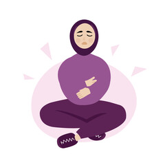 Muslim woman in hijab having stomach ache or menstrual pain. Young girl suffering from discomfort.