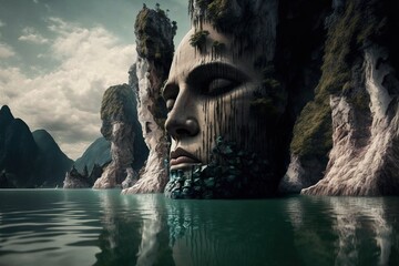 A giant rock head sculptor. island. Generative AI - obrazy, fototapety, plakaty