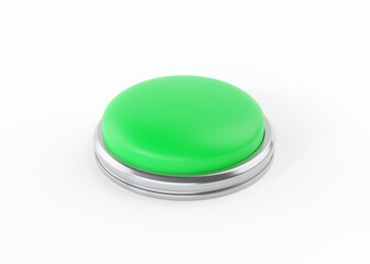 Alarm button 3d render icon - start green simple circle with switch sign, round shutdown metal element
