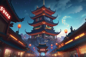 Fototapeta na wymiar Chinese lunar new year celebration. China town. Generative AI