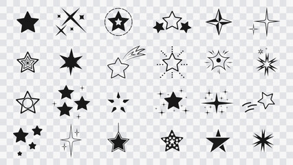 Naklejka premium Сollection of original vector stars, icons. Bright firework, decoration twinkle, shiny flash. Star icon set on transparent background. Glowing light effect stars and bursts collection. Vector