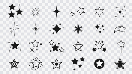 Сollection of original vector stars, icons. Bright firework, decoration twinkle, shiny flash. Star icon set on transparent background. Glowing light effect stars and bursts collection. Vector
