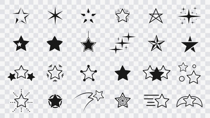 Сollection of original vector stars, icons. Bright firework, decoration twinkle, shiny flash. Star icon set on transparent background. Glowing light effect stars and bursts collection. Vector