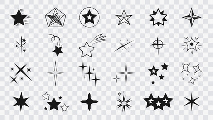 Сollection of original vector stars, icons. Bright firework, decoration twinkle, shiny flash. Star icon set on transparent background. Glowing light effect stars and bursts collection. Vector