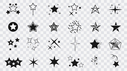 Сollection of original vector stars, icons. Bright firework, decoration twinkle, shiny flash. Star icon set on transparent background. Glowing light effect stars and bursts collection. Vector