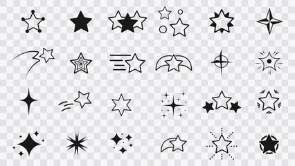 Сollection of original vector stars, icons. Bright firework, decoration twinkle, shiny flash. Star icon set on transparent background. Glowing light effect stars and bursts collection. Vector