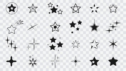 Naklejka premium Сollection of original vector stars, icons. Bright firework, decoration twinkle, shiny flash. Star icon set on transparent background. Glowing light effect stars and bursts collection. Vector