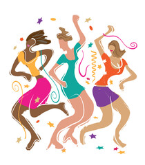 Obraz na płótnie Canvas Disco dancers, three girls, New Year celebration. Expressive colorful illustration of lively dancing young women on white background. Vector available.