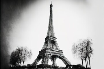 Black and white Eiffel tower photo isolated on transparent background, Paris France. Generative AI