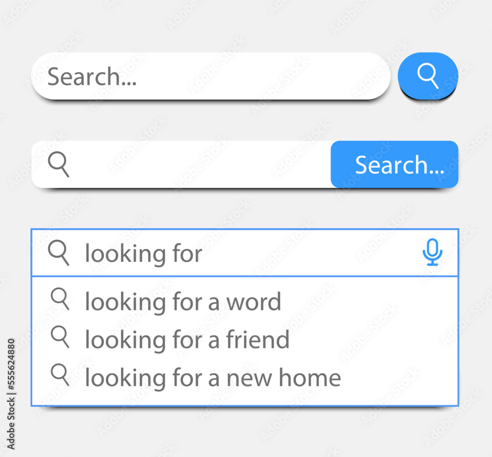 Poster Search bar vector element with diferent design, set of ten search boxes ui template on gray background