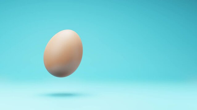 One Hen's Egg Spinning on a Studio Blue Background, Seamless Loop 3D Animation with Copy Space