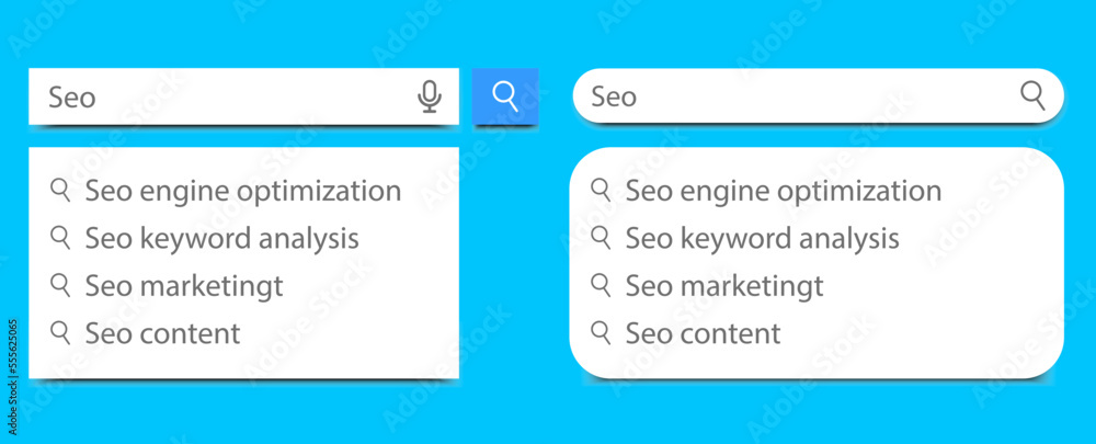 Aufkleber Search bars templates set with pop up list or search results. Vector flat template design for internet browser or web page with elements of search magnifier icon and frame field for text