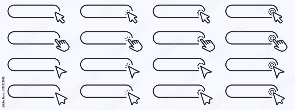 Poster Click cursor set button with hand pointer clicking. Click here web button sign. Isolated website buy or register bar icon with hand finger arrow clicking cursor