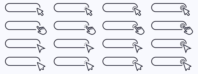 Click cursor set button with hand pointer clicking. Click here web button sign. Isolated website buy or register bar icon with hand finger arrow clicking cursor - obrazy, fototapety, plakaty