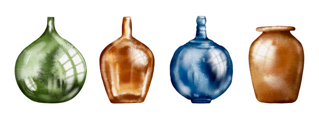 Watercolor illustration - Glassware: bottles, jugs, jars, crockery, boho