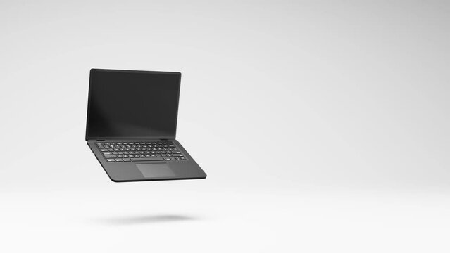 Black Laptop Computer with Blank Screen Spinning on a Studio Light Gray Background, Seamless Loop 3D Animation with Copy Space