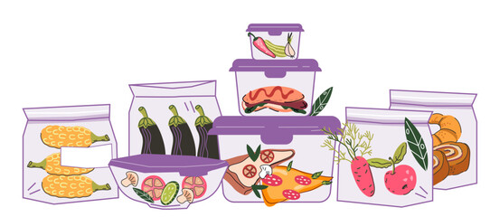 Food storage to reduce food waste concept. Meal leftover packed in containers and zip bags, flat cartoon hand drawn vector illustration isolated on white background.