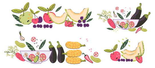 Fruits and vegetables decorative banner or design elements set, hand drawn vector illustration isolated on white background. Vegan healthy eating, diet concept or vegetable shop design elements.