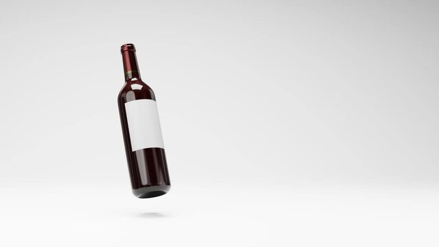 One Wine Bottle with Blank Label Spinning on a Studio Light Gray Background, Seamless Loop 3D Animation with Copy Space