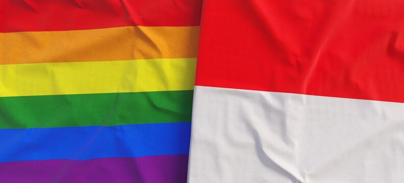 LGBT and Indonesia flags. Linen flag close-up. Rainbow flag. LGBT community. Jakarta, Asia. Flag made of canvas. 3d illustration.