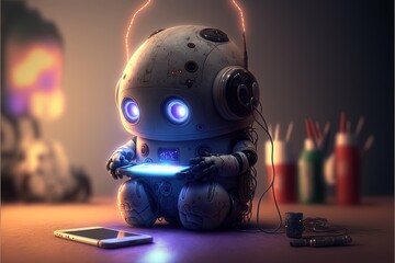 high resolution picture,  Cute tiny toy robot doing everday tasks, amazing 3D graphic, . AI Generative - obrazy, fototapety, plakaty