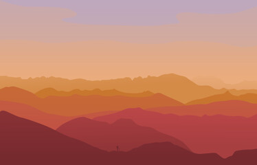 Sunrise in the mountains. Silhouette of a climber on a background of mountains. Perfect for website, social media, desktop, wallpapers, postcards.