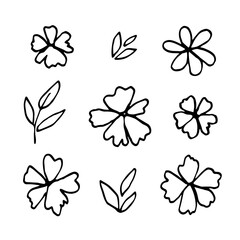 Fototapeta premium Simple hand drawn black outline vector illustration. Various abstract flowers, leaves and twigs. Sketch in ink. To create patterns, decoration.