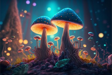 Magical mashroom in fantasy enchanted fairy tale forest with lots of brighness and lighting. - obrazy, fototapety, plakaty