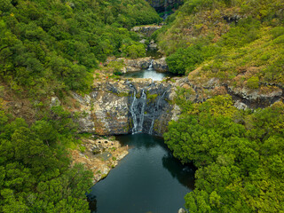 Tamarind falls other name is seven waterfalls in Mauritius island, Rivivière Noire district. Amazing wiev untouchable green area with clean water and rocks, cliffs in a gorge
