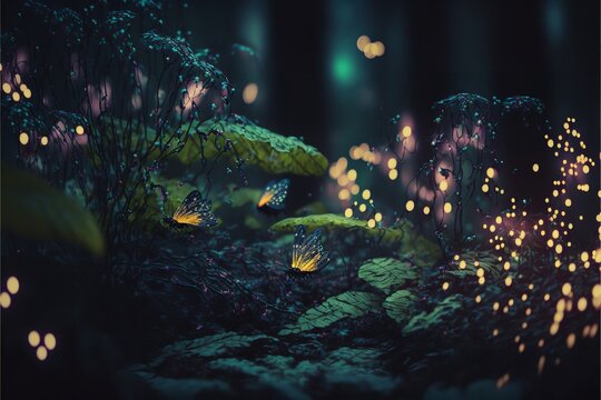 Magnificent Flittering fireflies flying in the night with a dark and lighting forest trees and background.