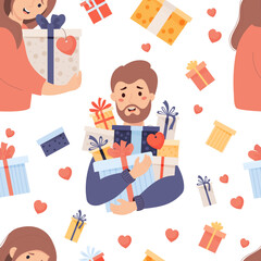 Seamless pattern with happy man and woman with gifts on white background with gift boxes and hearts. Vector illustration for holiday design, packaging, wallpapers, textiles and valentines.