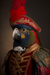 An exotic parrot wearing a traditional military uniform. Pet portrait in clothing. Generative ai
